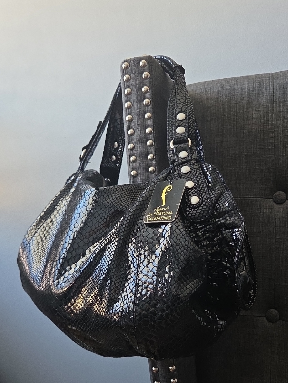 LEGEND BY FORTUNA VALENTINO SNAKEPRINT LEATHER HANDBAG, NEW 22" L X 13" H
